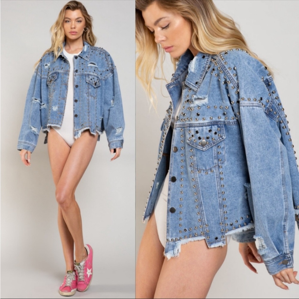 Beaded Pearls and Studs Oversized Distressed Denim Jean Jacket - Picture 3 of 13